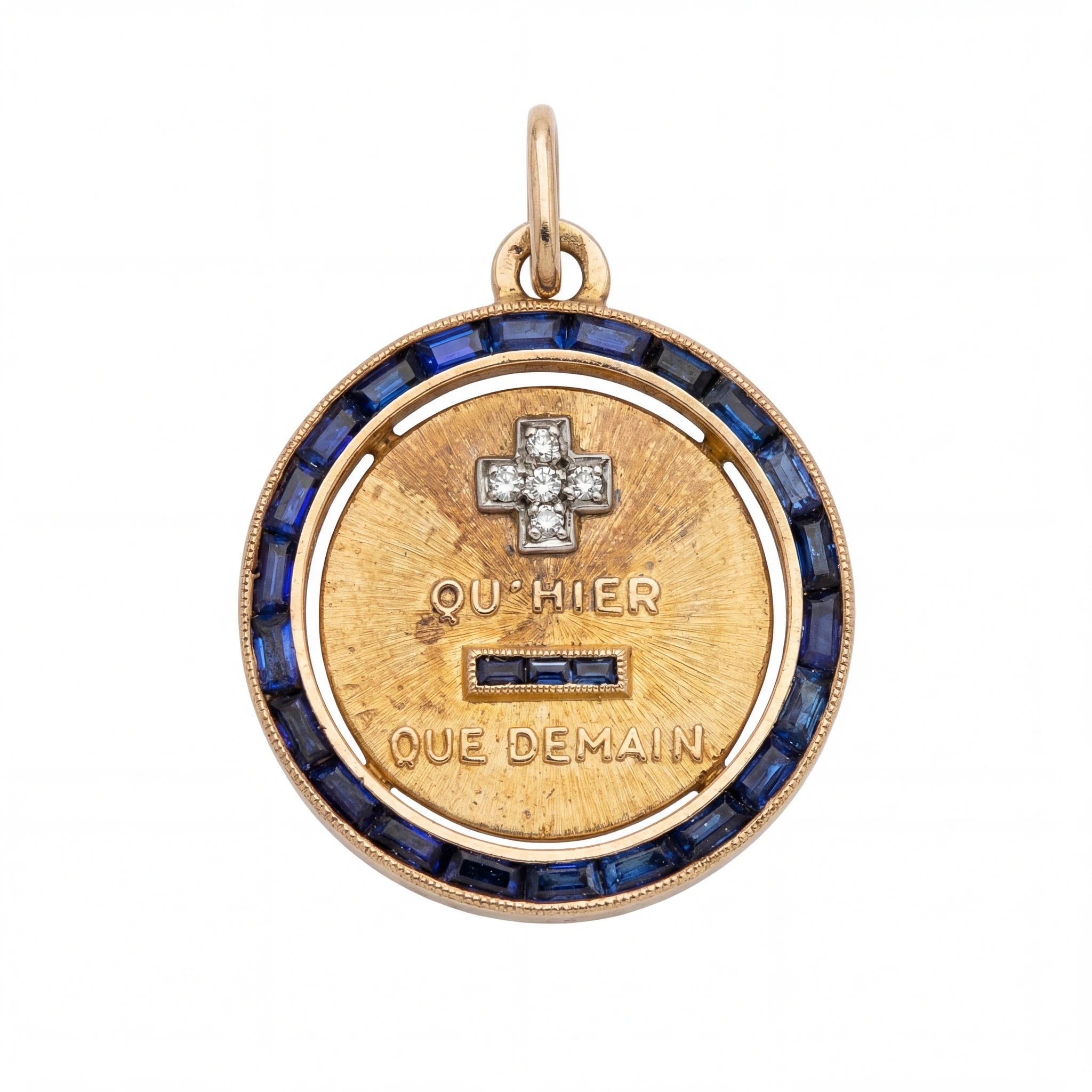 Augis Médaille + qu'hier - que demain Or jaune et Pavé de saphirs